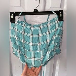 womans large aqua blue/white flannel pattern tank